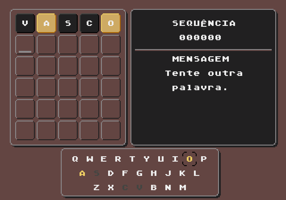 Palpite VASCO avaliado no tabuleiro de GhuTermo: A e O ficam em amarelo (letra existe, posição errada), as outras em cinza, e o teclado na tela atualiza as mesmas cores