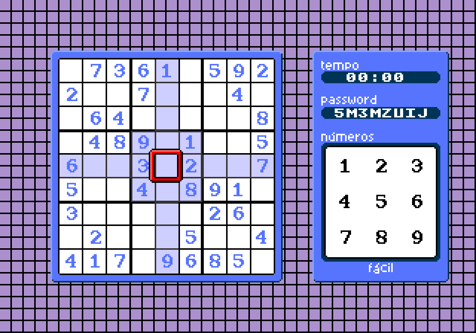 Partida de SudoGhu em andamento: tabuleiro parcialmente preenchido, cursor numa célula vazia e o painel lateral com timer, password e o teclado numérico